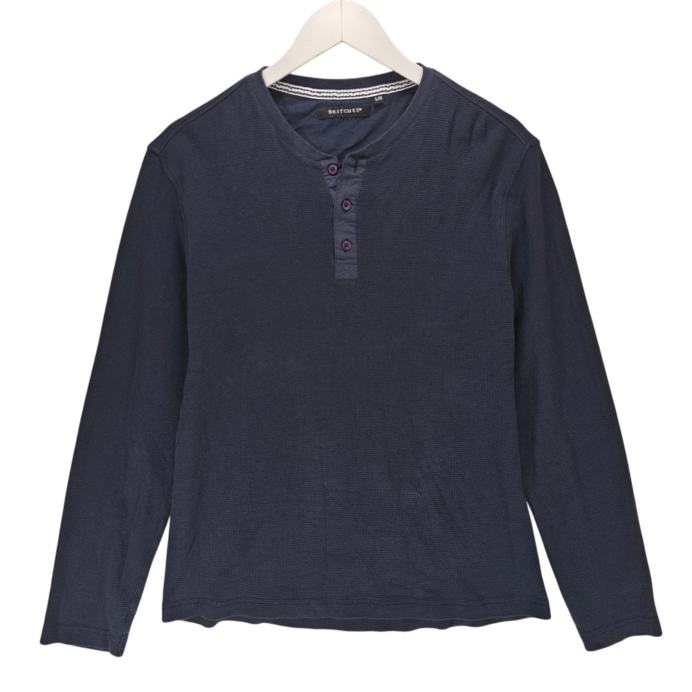 Britches Mens Large Navy Blue Waffle Knit Long Sleeve Henley Shirt 100% Cotton